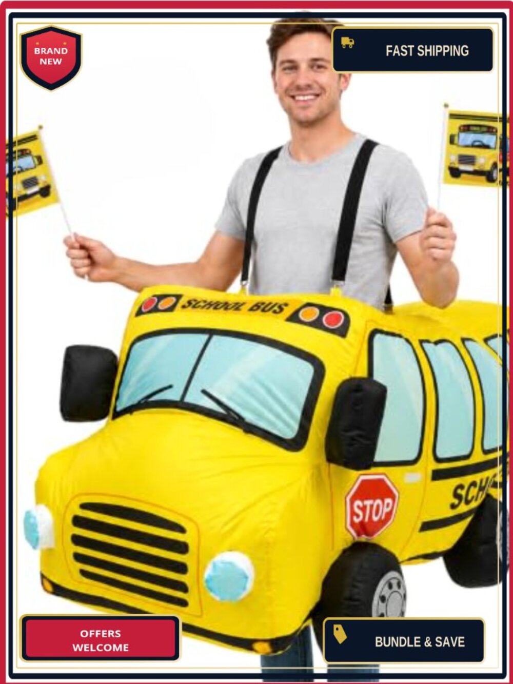 Inflatable School Bus Adult Halloween Costume with Flags and Fan